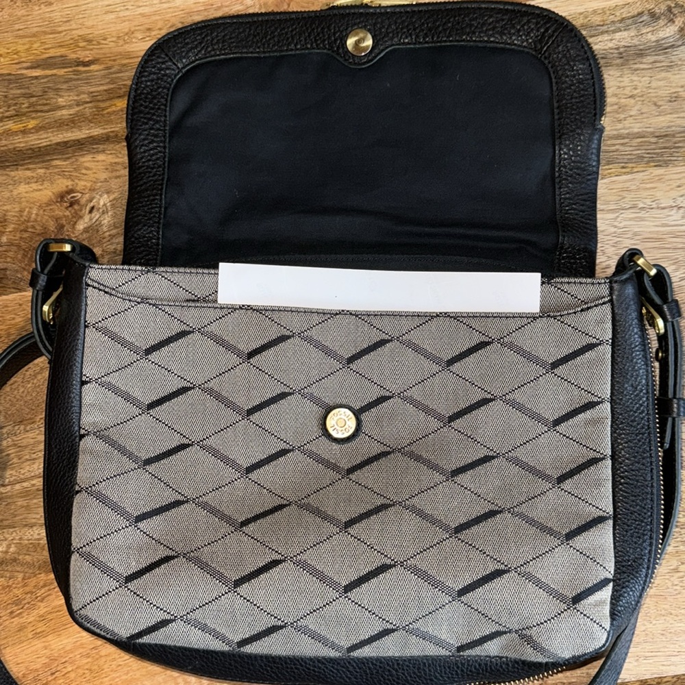 Vtg Fossil Preston Gray canvas Black leather crossbody with adjustable strap - Picture 7 of 10